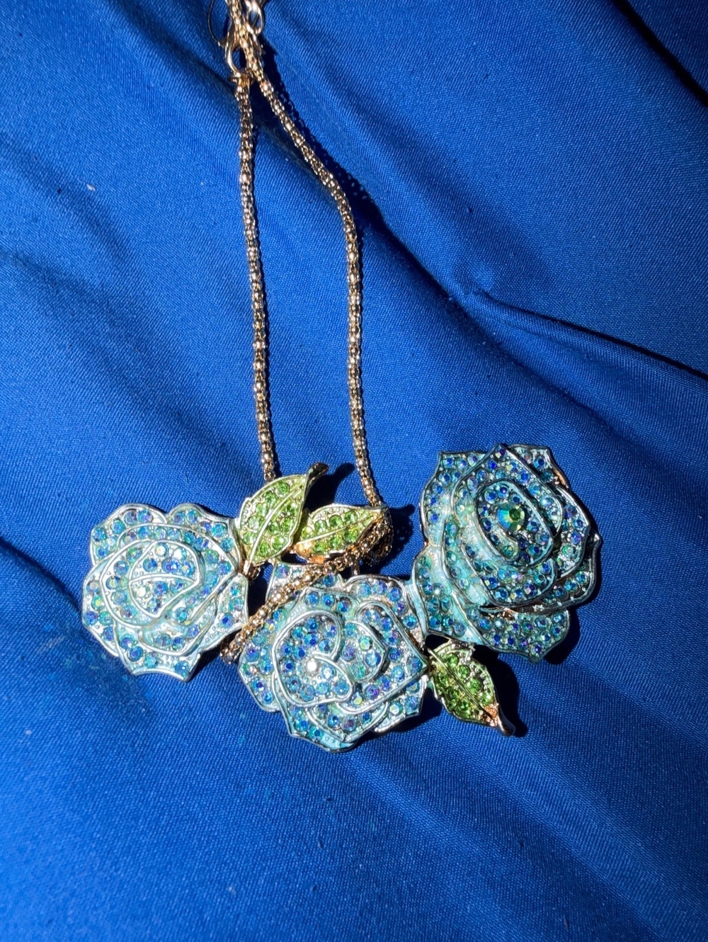 Betsey Johnson Blue Rose Crystal Necklace with Gold-Tone Chain - New With Tags